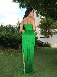 Durrani Popal Green Summer Fashion Halter Neck Plain Simple Handwoven Tassel Tube Shift Dress, Elegant & Classy For Cocktail Party, Formal Long Knit Gown For Women - Green - View 2