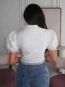 Durrani Popal Lace Trim Puff Sleeve Crop Blouse,Short Sleeve Tops - White - View 2
