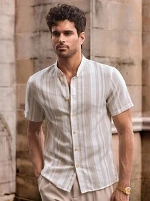 Manfinity VCAY Men's Casual Woven Vertical Striped Short Sleeve Stand Collar Shirt - Multicolor - View 3