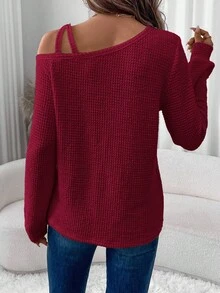SHEIN LUNE Camiseta de Manga Longa Casual e de Trabalho com Textura de Waffle, Ombro Oblíquo e Manga Farol, Outono/Inverno - Vermelho - Visão 2