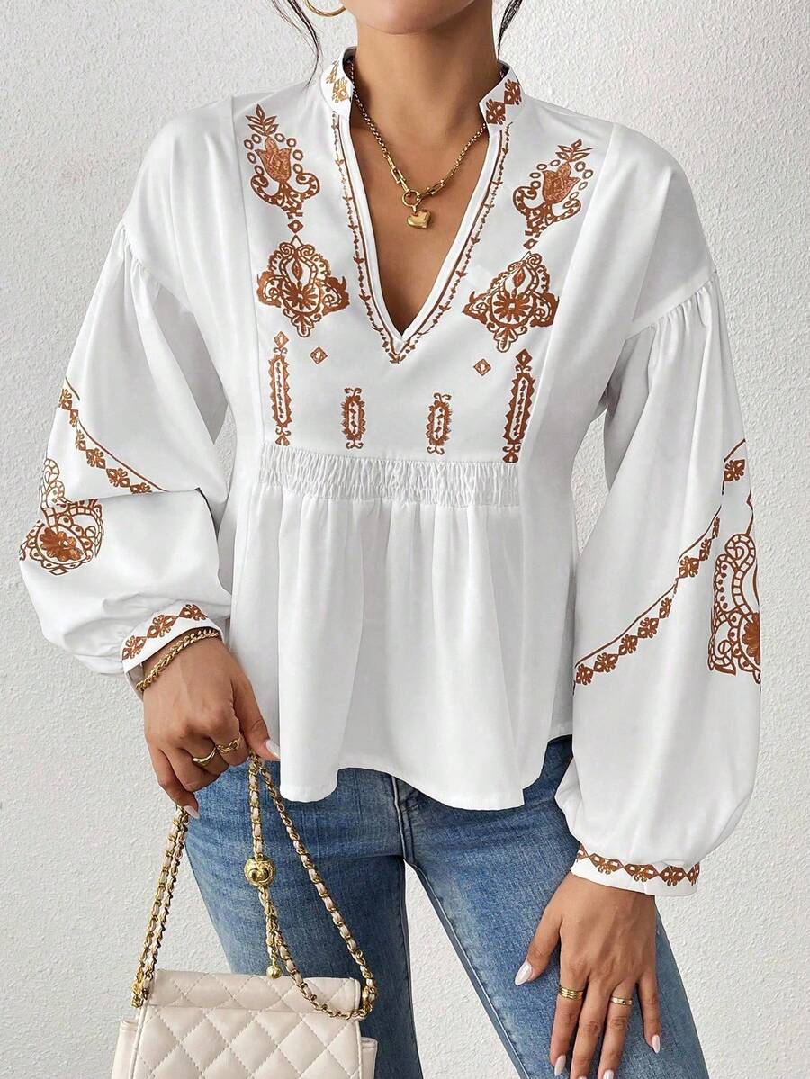 SHEIN LUNE Áo sơ mi peplum tay dài in họa tiết nhún bèo cho nữ - Màu Khaki - Xem 1