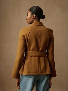 Lyxana Women's Elegant Solid Color Metal Buckle Waist Belt Woolen Coat - Brown - View 2