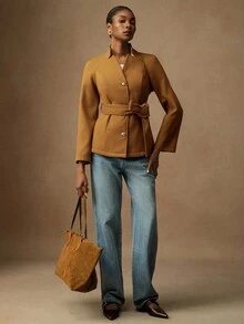 Lyxana Women's Elegant Solid Color Metal Buckle Waist Belt Woolen Coat - Brown - View 3