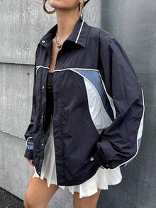 SHEIN ICON Women's White Contrast Color Line Sports Retro Element Blokecore Split Design Oversized Long Sleeve Jacket, Comfortable, Avant-Garde, Casual, Loose, Drop Shoulder, Mesh Lining, Sporty In Fall/Winter - Multicolor - View 5
