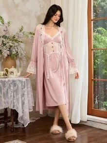 Côtesoire Französisches romantisches, elegantes Spitzen-Patchwork Damen Nachtwäsche Set, Herbstkleidung - Altrosa - Übersicht 1