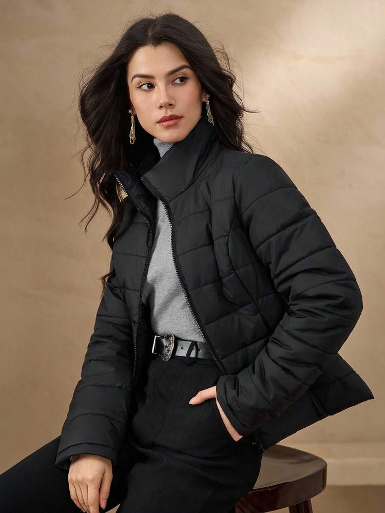 Livesso 女士修身休闲短款立领夹棉大衣，轻薄保暖，适合秋冬夹克 - 黑色 - 查看 2