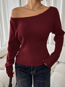 SHEIN SXY 女士纯色不对称领口休闲长袖红色毛衣休闲派对优雅家居性感秋冬休闲圣诞万圣节新年不对称上衣 - 酒紅色 - 查看 6