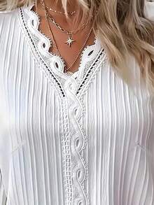 Auvina Women's Plus Size Contrast Lace V-Neck Blouse Fall Cloth For Women - White - View 3