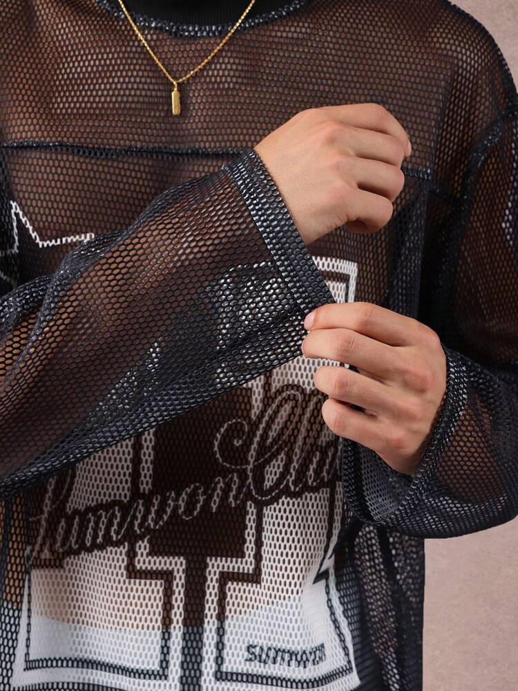 Schwarzes Mesh-T-Shirt mit Logo-Print