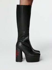 ROMWE Grunge Punk 女鞋户外方头粗跟靴，红色蜘蛛网刺绣线黑色PU面料，时尚舒适夜店派对侧拉链靴 - 黑色 - 查看 3