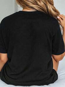 EMERY ROSE 大码女式蝴蝶结幽灵南瓜图案 T 恤，黑色 T 恤秋季氛围可爱时尚休闲 T 恤圆领短袖上衣 - 黑色 - 查看 2