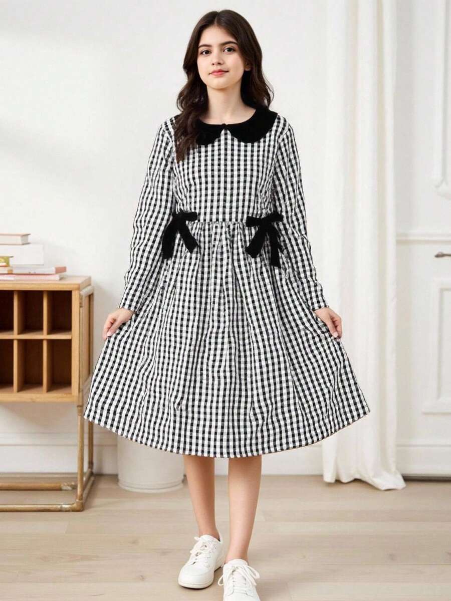 SHEIN فستان بخط A مزين بياقة بيتر بان قابلة للإزالة وربطة عنق متباينة الألوان للمراهقات - الأسود - مشاهدة 1