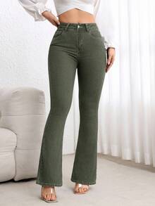 SHEIN PETITE Women's Casual Washed Slim Fit Flare Jeans - Green - View 5