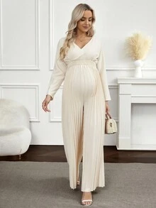 SHEIN جمبسوت نسائية بلون أحادي مع طيات وأكمام على شكل خفاش وياقة على شكل حرف V متداخلة وساق واسعة - لون مشمشي - مشاهدة 5