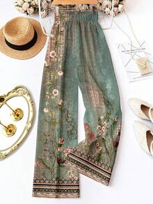 SHEIN LUNE Floral Green Pattern Vintage Waist Tie Trousers, Suitable For Women's Summer Vacation, Party, Fall, Wedding, Graduation Travel, Gift For Mom, Boho Style Vintage Floral Pants Boho Pants Cottagecore Pants Printed Pants Spring Pants - Multicolor - View 4