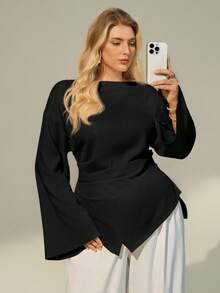 Auralis Plus Size Dam Svart Rund Hals Långärmad Plisserad Modetopp - Svart - Visa 3