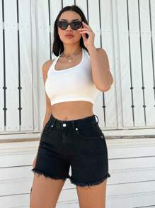 EURMUSE 100%Cotton RAW HEM DETAILED BLACK MINI SHORT - Black - View 3