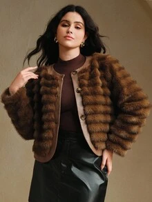 Anewsta Plus Size Women Faux Fur Single-Breasted Long Sleeve Jacket, Fashion For Autumn/Winter - Brown - View 3