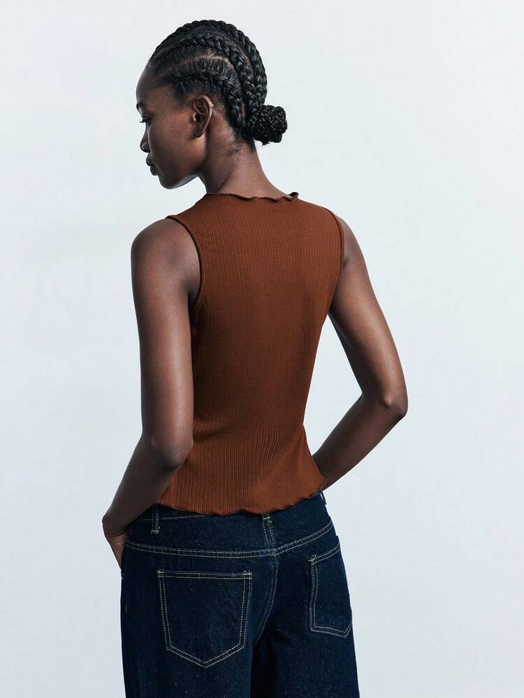 SHEIN Maija 2025 Modern City Ribbed Sleeveless Open Front Cardigan Top, Suitable For Back To School Season Brown Ribbed Top Rust Brown Tank Top Button Up Tank Top Brown Button Up Top Ribbed Tank Top Christmas Going Out, Fall For Women, Winter For Women, Winter, Night Out, Going Out Tops Women, Night Out, Date Night, Old Money Style