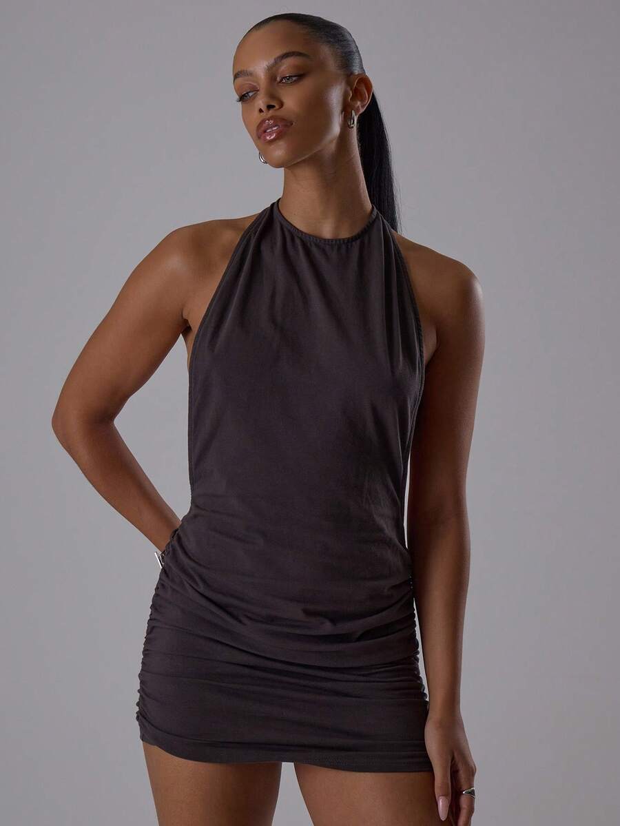 MUSERA Extrem tiefer Rückenausschnitt Neckholder Gerafftes Mini-Kleid Klassisch Nacht Draußen Herbst Sexy Süß Coole Mädchen Streetwear Dämmerung Winter Party