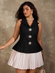 Flirla Blazer de mujer talla grande con cuello de solapa, sin mangas, de unicolor, con abertura frontal, decoración de diamantes falsos y cintura acampanada