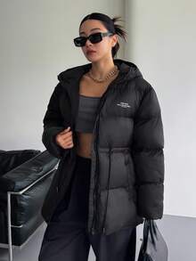 DAZY 休闲字母印花连帽宽松女士棉服外套冬季夹克 - 黑色 - 查看 5