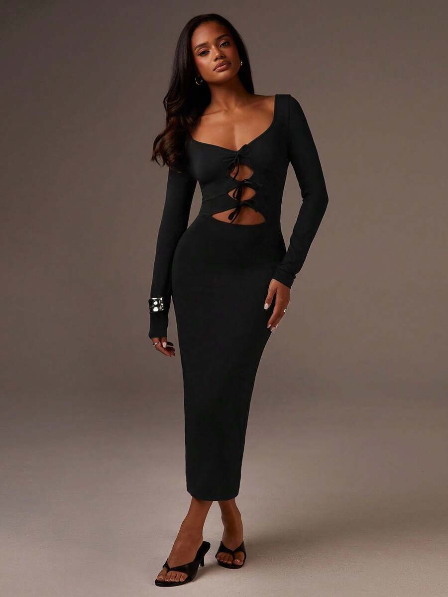 Athîral Women's Fashionable Sexy Solid Color Hollow Out Bodycon Dress Black Cut Out Dress Long Bodycon Dress Cut Out Dress For Women Tight Long Dress Hollow Out Dress