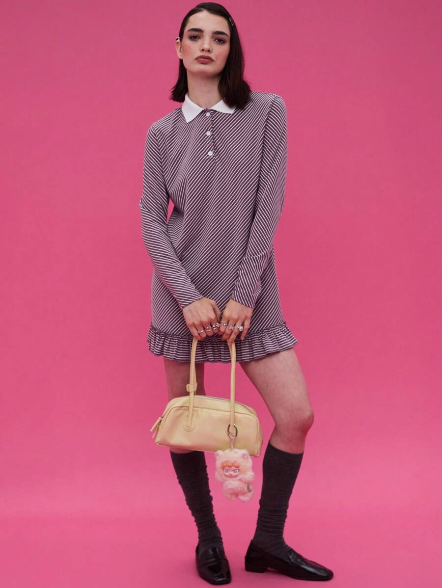 COUREZ Rugby Polo Shirt Mini Dress With Frill Hem /Y2K Going Out Outfits Fall Women Clothes Fall Clothes Cute Winter Clothes Back To School Date Outfits