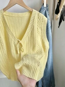 SHEIN Unity 可爱休闲百搭女士黄色V领纹理针织蝴蝶结无袖毛衣背心 - 黃色 - 查看 5
