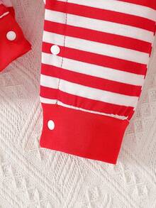 SHEIN Playful Pals 3pcs Baby Boy Christmas Outfit Set: Cute Romper, Striped Envelope Collar Jumpsuit, And Hat, Winter Clothing Baby Christmas Clothing Infant Christmas Outfit Baby Santa Costume Baby Santa Outfit