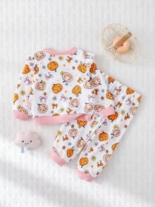 Cozy Pixies 2pcs Baby Girl Halloween Pattern Contrast Color Knit Soft Round Neck Long Sleeve Pullover Hoodie And Elastic Waist Pants Set - Multicolor - View 2