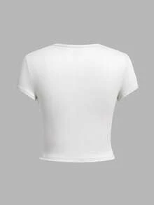 SHEIN EZwear 4 peças Camiseta Casual Feminina Slim de Gola Redonda de Manga Curta, Adequada para o Verão - Multicolorido - Ver 9