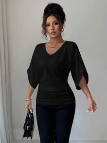 Elenzga Women's Casual Batwing Sleeve V-Neck Solid Color Fitted Short Sleeve T-Shirt