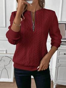 SHEIN LUNE Casual Versatile Solid Color Textured Crew Neck Sweatshirt Fall Cloth For Women - Burgundy - View 5
