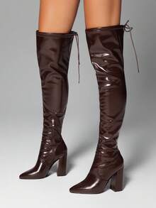 SHUZIA 女士迷人性感尖头粗跟过膝高跟靴 - 巧克力棕 - 查看 6