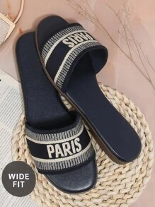 SHUZIA 女式宽版仿制刺绣巴黎标志露趾 Flynit 海军蓝拖鞋 - 加大码舒适必备 - 藏蓝色 - 查看 2