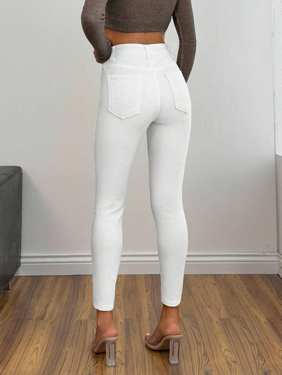 EURMUSE 休闲百搭通勤纯色修身牛仔裤 - 白色 - 查看 1