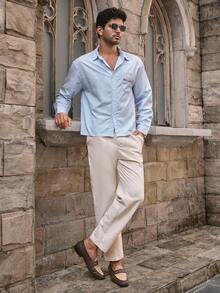 HIMLAND Camisa de manga larga casual de hombre con hombros caídos, tejida a rayas, con bordado de letra, azul claro a rayas, camisa azul polvo, camisa a rayas azul y blanca, camisa azul Carolina, para otoño, Old Money