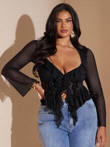 SHEIN BAE Damen Große Größen Schwarze Mesh Rüschen Bluse, Abschluss, Club, Sexy, Frühling, Sommer, Urlaubsnacht, Geburtstag, Hochzeit, Urlaub, Konzert/Frühherbst/Schulanfang/Ausgehen/Festival - Schwarz - Übersicht 6