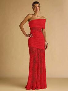 SHEIN BAE 女式纯色蕾丝拼布不对称领口连衣裙 - 紅色 - 查看 5