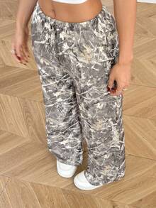 SHEIN 少女树叶植物印花宽松休闲阔腿裤 - 彩色 - 查看 3