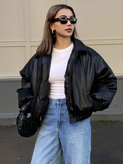 DAZY Chaqueta de mujer de estilo casual, unicolor, holgada, de piel sintética (PU) para invierno