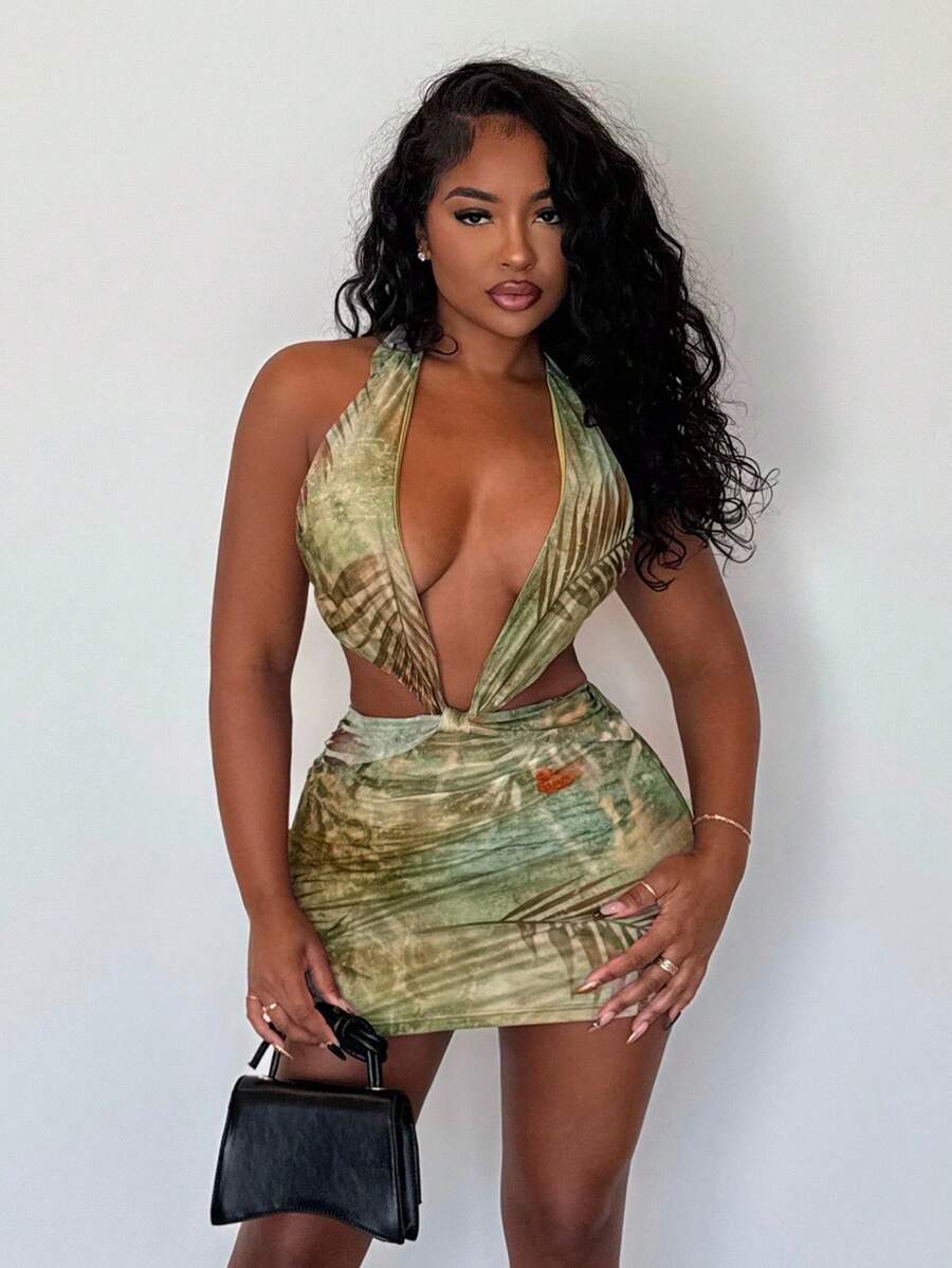 Alexandranx 1 Piece Spring And Summer Tropical Plant Mesh Print Sexy Hollow Low Waist Mini Dress Suitable For Club Island Vacation Outfits, Honeymoon Outfits Woman, Pool Party Outfit Vacation Outfits Woman  Ibiza Outfit, Holiday,  Festival, Vacation Beachwear, Beach,Bohemian Clothes - Green - View 1