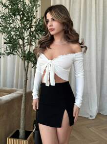 Jemour Solid Tie Front Off Shoulder Crop Top - White - View 1