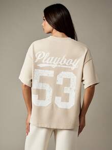 Missguided x Playboy Oversized Crew Neck Short Sleeve Cotton Tee With Logo Detail Casual Comfort Everyday Essential - Khaki - View 2