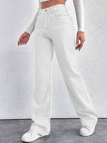 SHEIN Cottnline Solid Color Pocket Casual Versatile Wide Leg Jeans Day Time Blue Summer - White - View 4