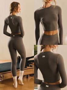 GLOWMODE FeatherFit™ 柔软弹力罗纹接缝分体设计长袖 T 恤低冲击瑜伽普拉提工作室日常休闲装可拆卸罩杯 - 棕色 - 查看 10