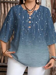 EMERY ROSE Casual Minimalist Ombre Ditsy Floral Decorative Button Notched Neck 3/4 Sleeve Loose Plus Size Women Shirt, Suitable For Summer Boho Blouses Boho Tops For Women Tunic Blouse Chic Blouses For Women Blue Tunic Blouse For Women Blue Boho Top Women Blue Top Floral Print Tunic Top Floral Print Blouse Blue Blouse For Women,Flower/Vacation/Spring - Multicolor - View 3