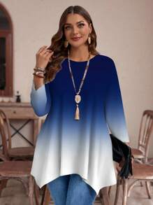 EMERY ROSE 大码女式纹理蓝白渐变印花休闲不对称下摆圆领宽松七分袖T恤 - 彩色 - 查看 3