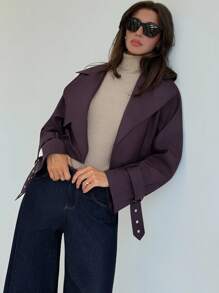 Aloruh Women's Solid Color Fashionable Short Casual Jacket Fall Clothes - Burgundy - View 3